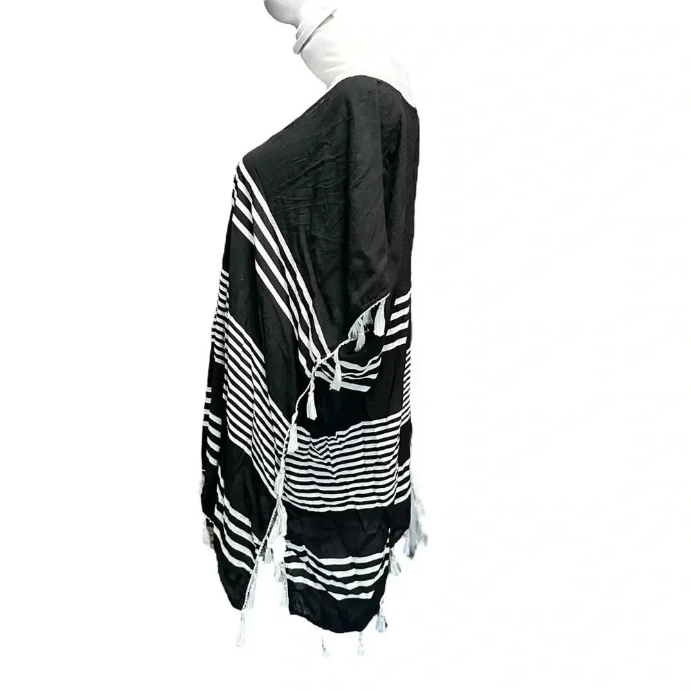 C&T beach women's size L black and white striped cover up with tassels